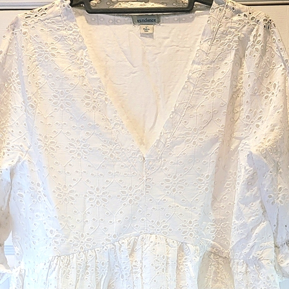 Sundance Jasmine Eyelet Midi Dress Womens Large Woven Cotton High Low Hem V-Neck - Picture 14 of 16